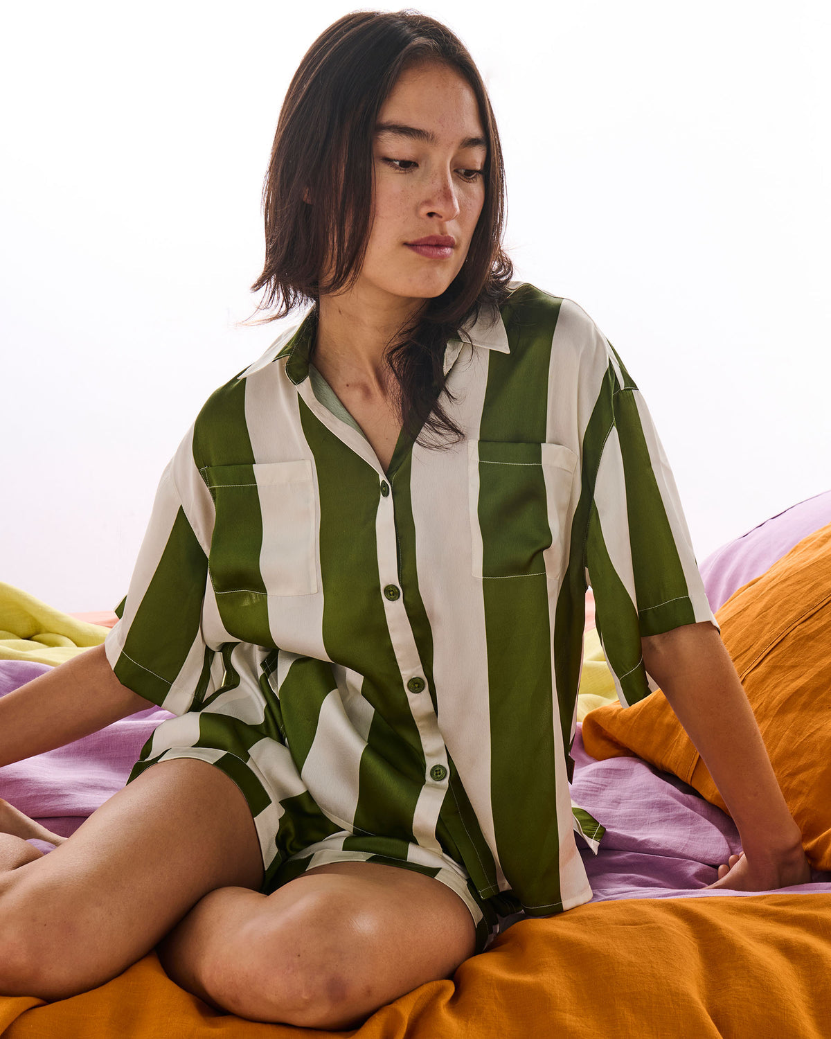 Moss Stripe Adult Eco Satin Short Sleeve Shirt & Short Pyjama