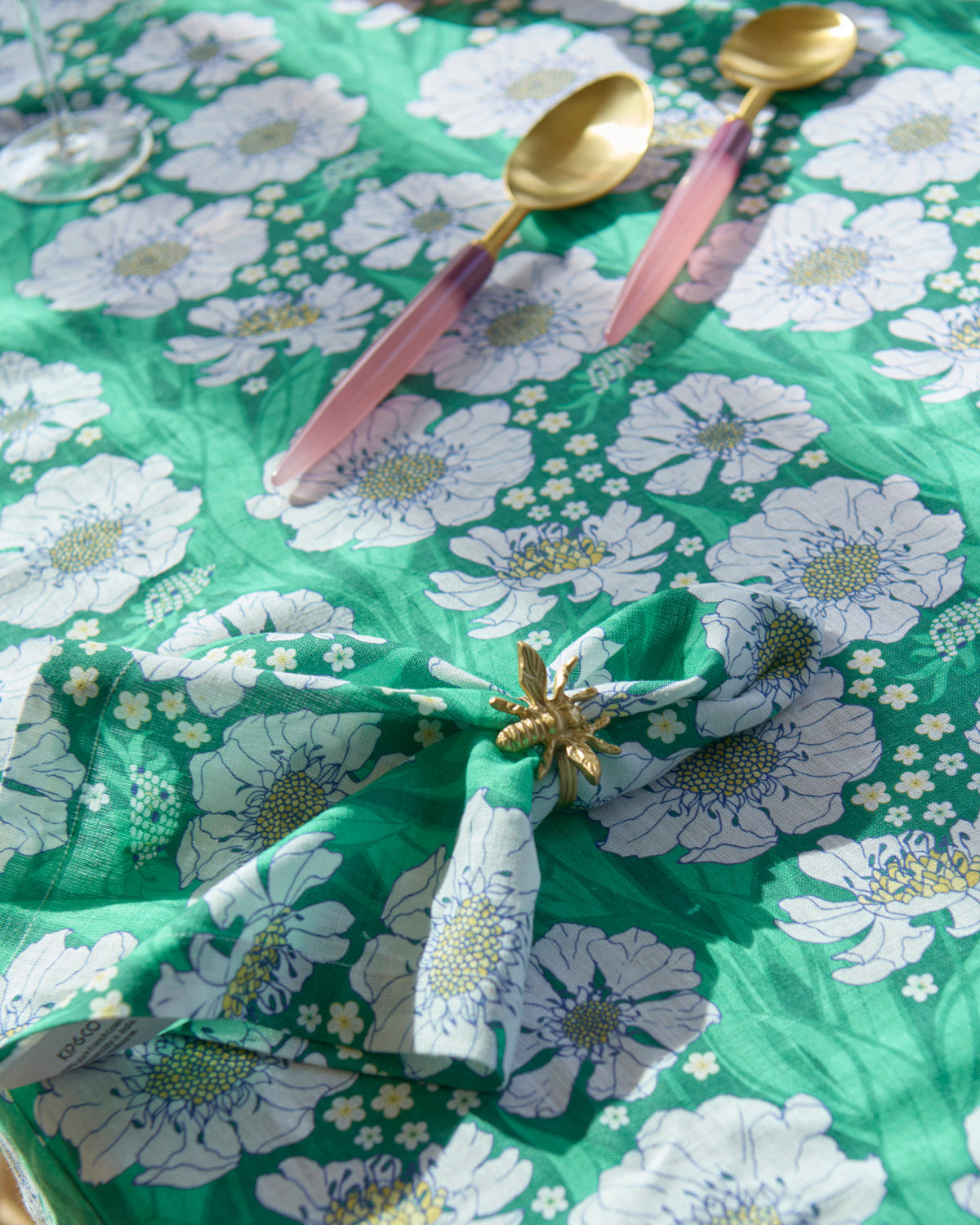 Tumbling Flowers Green Linen Tablecloth - Kip&Co