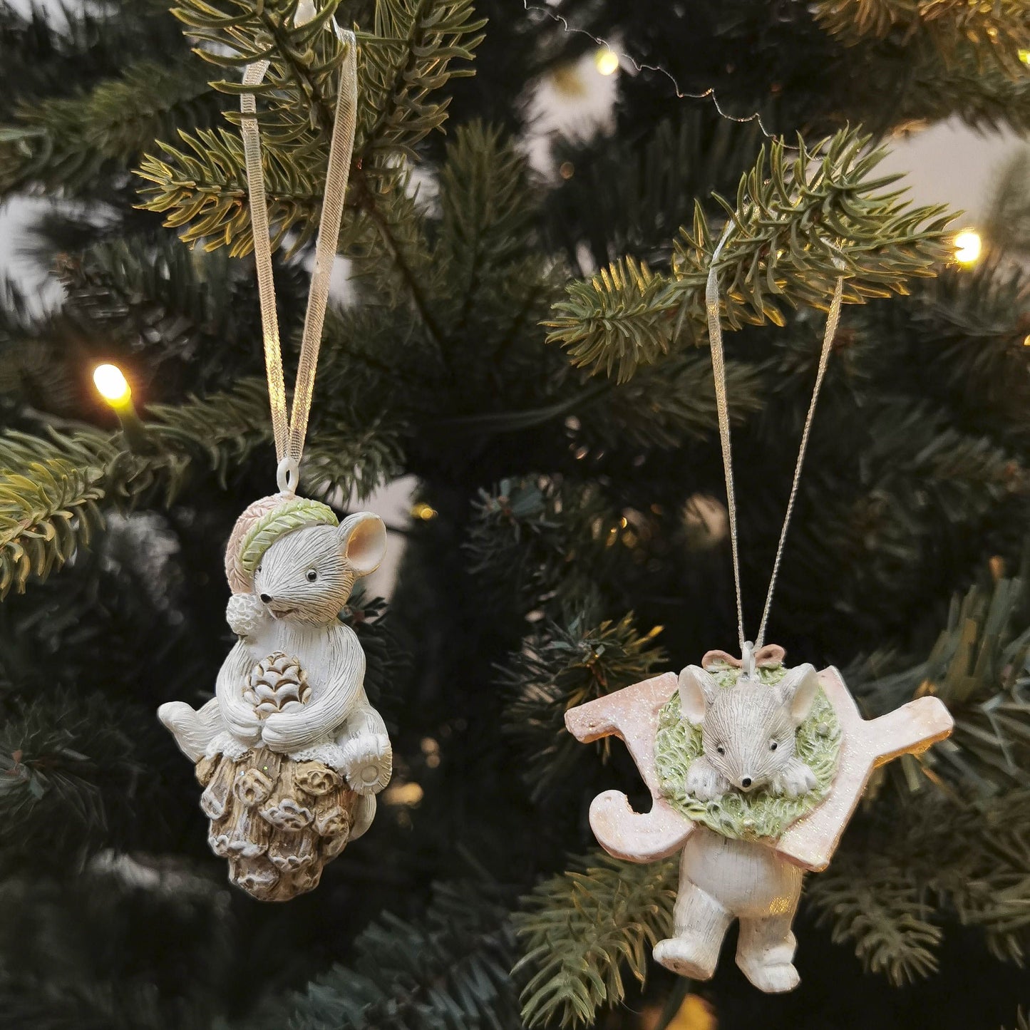 Mice in Joy & Acorn Resin Hanging Decoration