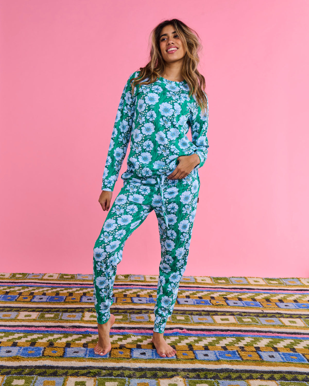 Tumbling Flowers Green Organic Long Sleeve Pyjama Top & Slouch Pant Set - Kip&Co