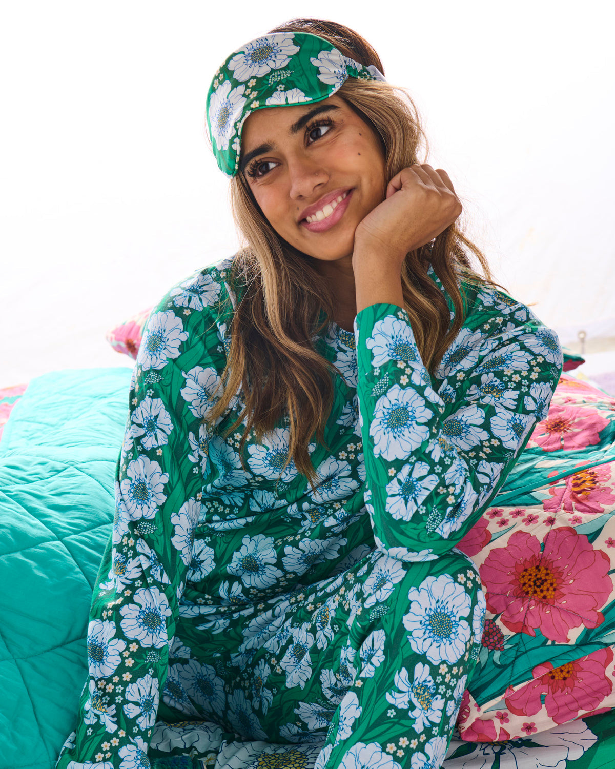 Tumbling Flowers Green Organic Long Sleeve Pyjama Top & Slouch Pant Set - Kip&Co