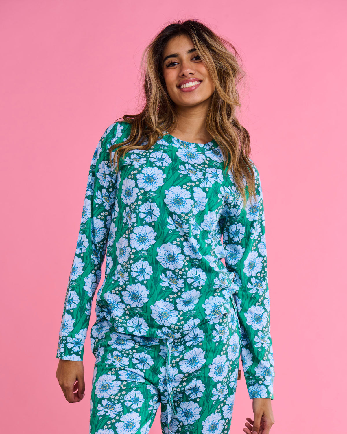 Tumbling Flowers Green Organic Long Sleeve Pyjama Top & Slouch Pant Set - Kip&Co