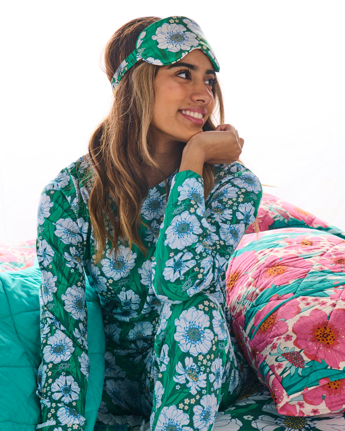 Tumbling Flowers Green Organic Long Sleeve Pyjama Top & Slouch Pant Set - Kip&Co
