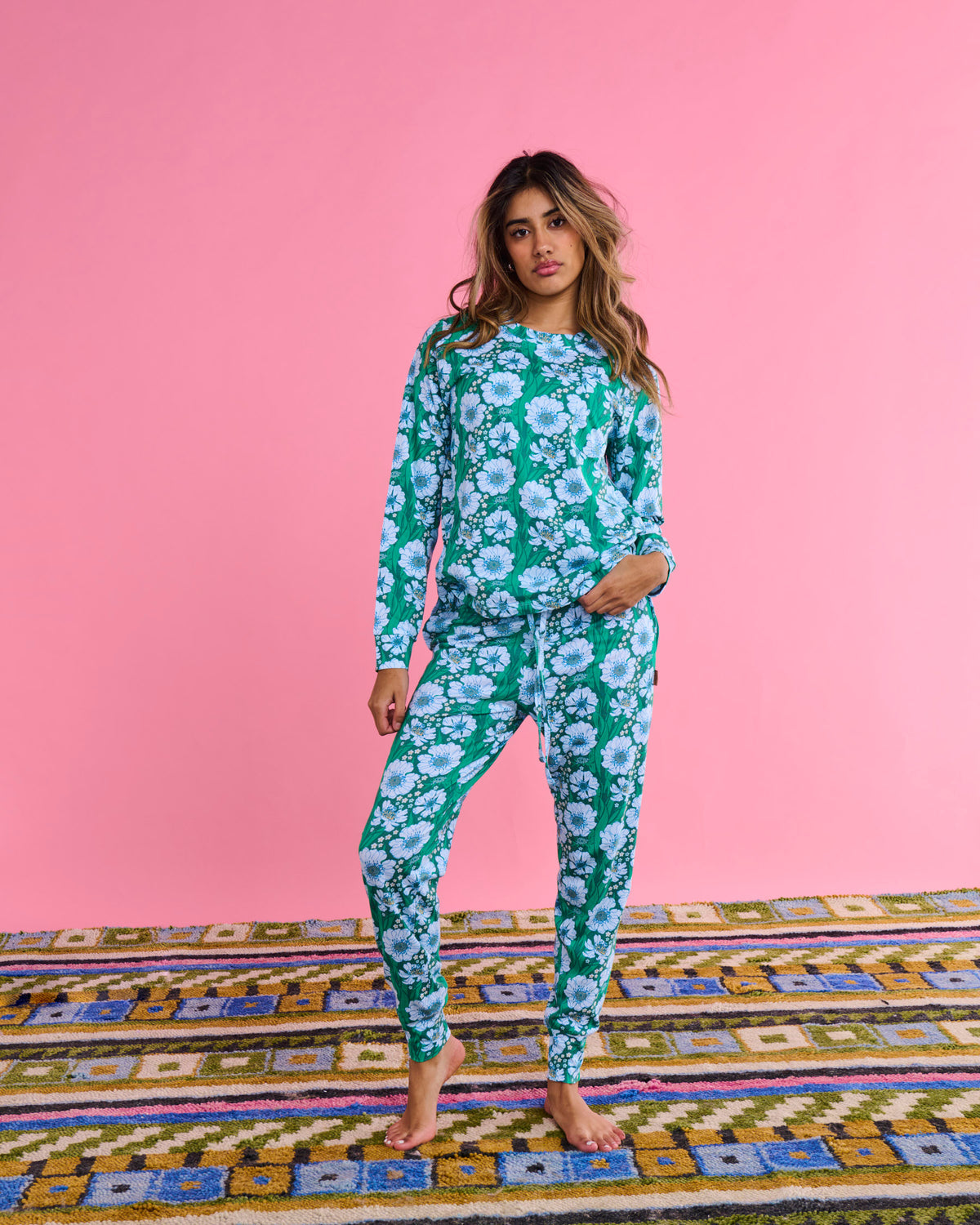 Tumbling Flowers Green Organic Long Sleeve Pyjama Top & Slouch Pant Set - Kip&Co