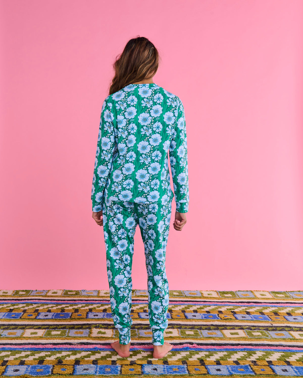 Tumbling Flowers Green Organic Long Sleeve Pyjama Top & Slouch Pant Set - Kip&Co