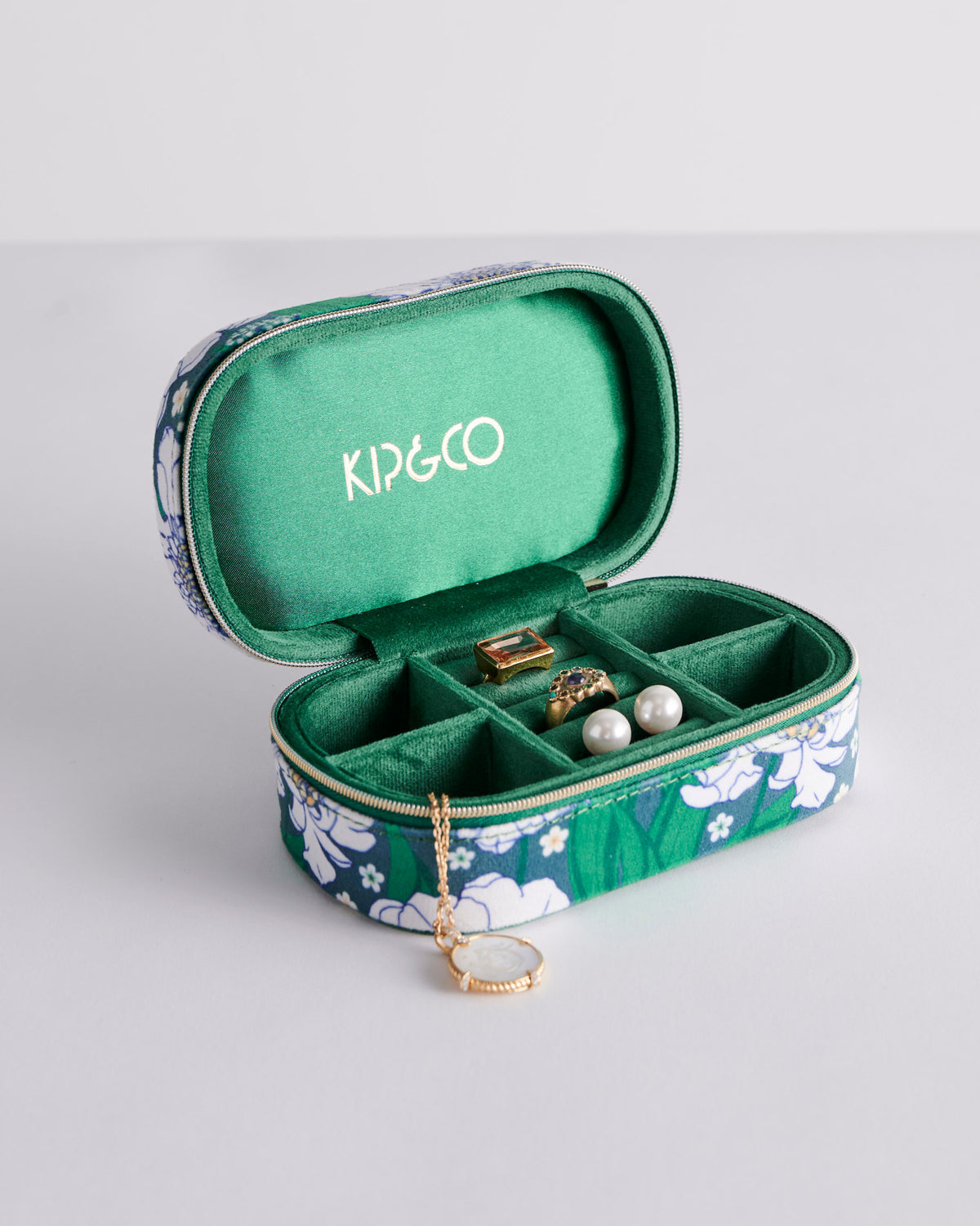 Tumbling Flowers Green Travel Velvet Jewellery Box - Kip&Co