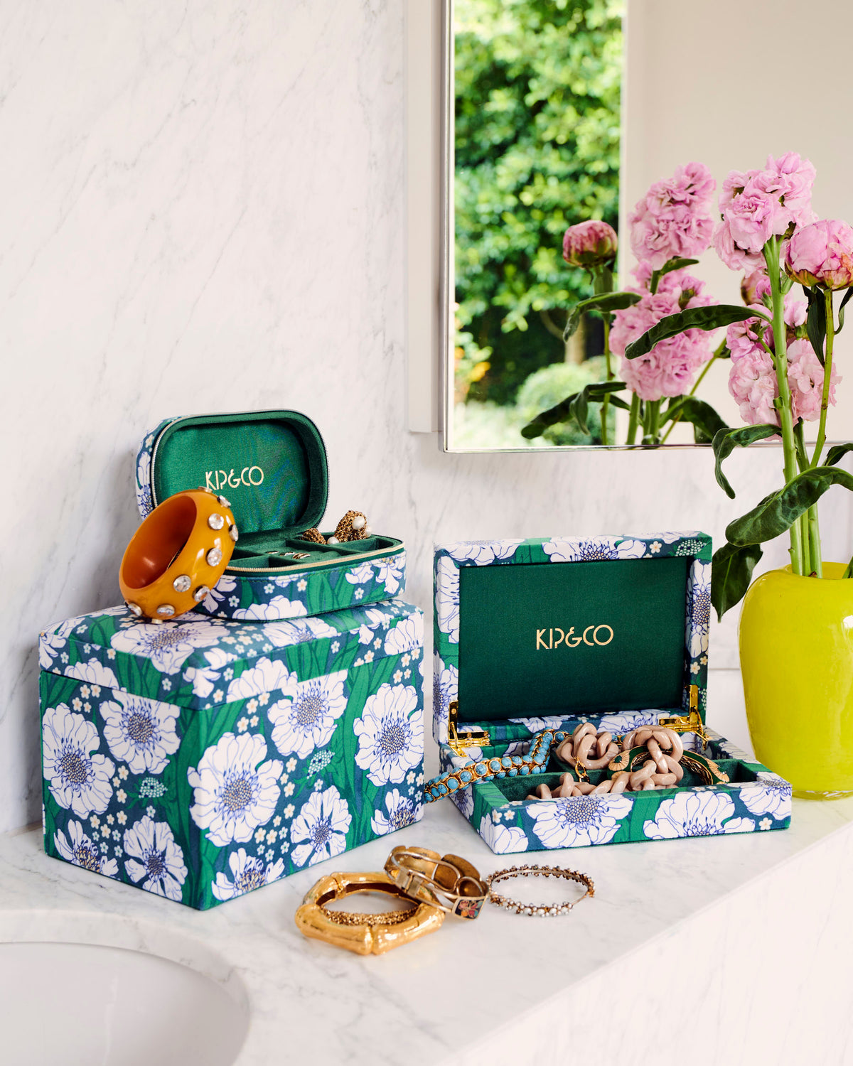 Tumbling Flowers Green Travel Velvet Jewellery Box - Kip&Co