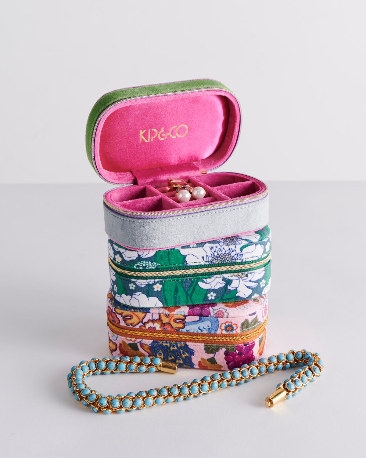 Tumbling Flowers Green Travel Velvet Jewellery Box - Kip&Co