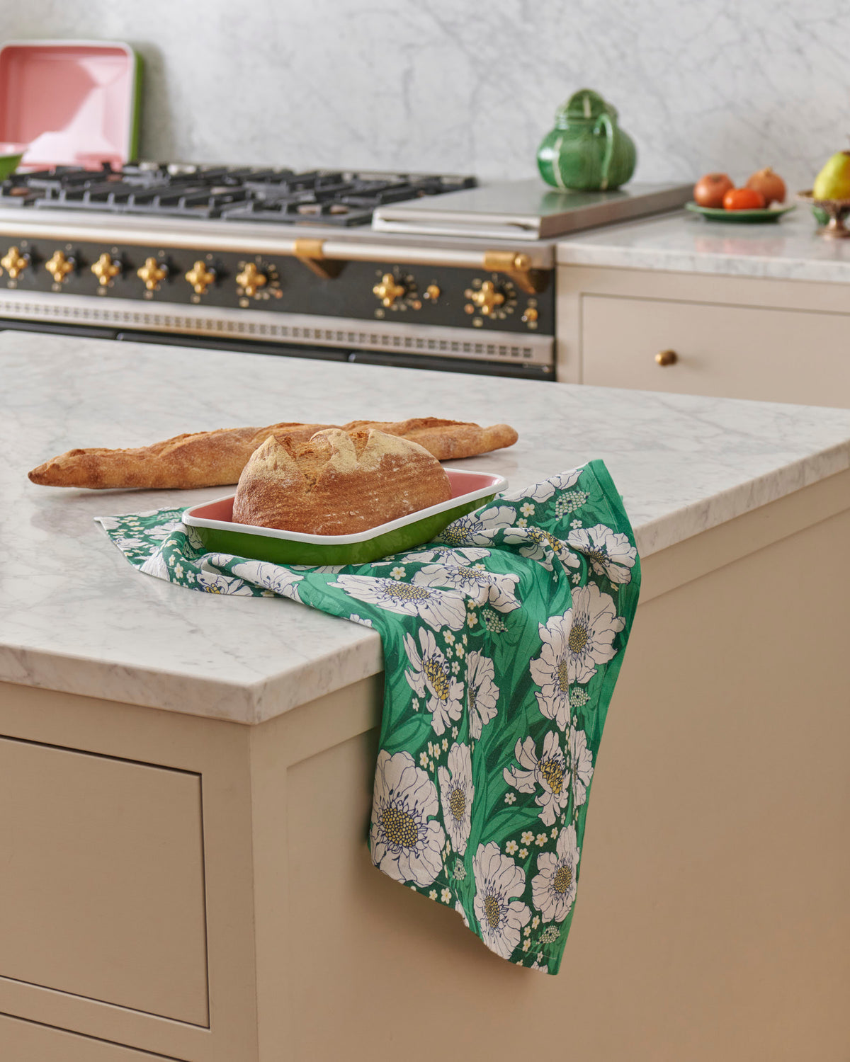 Tumbling Flowers Green Linen Tea Towel - Kip&Co