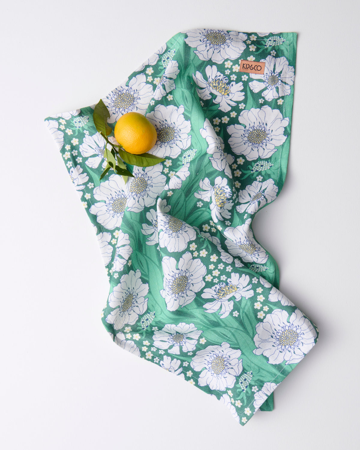 Tumbling Flowers Green Linen Tea Towel - Kip&Co