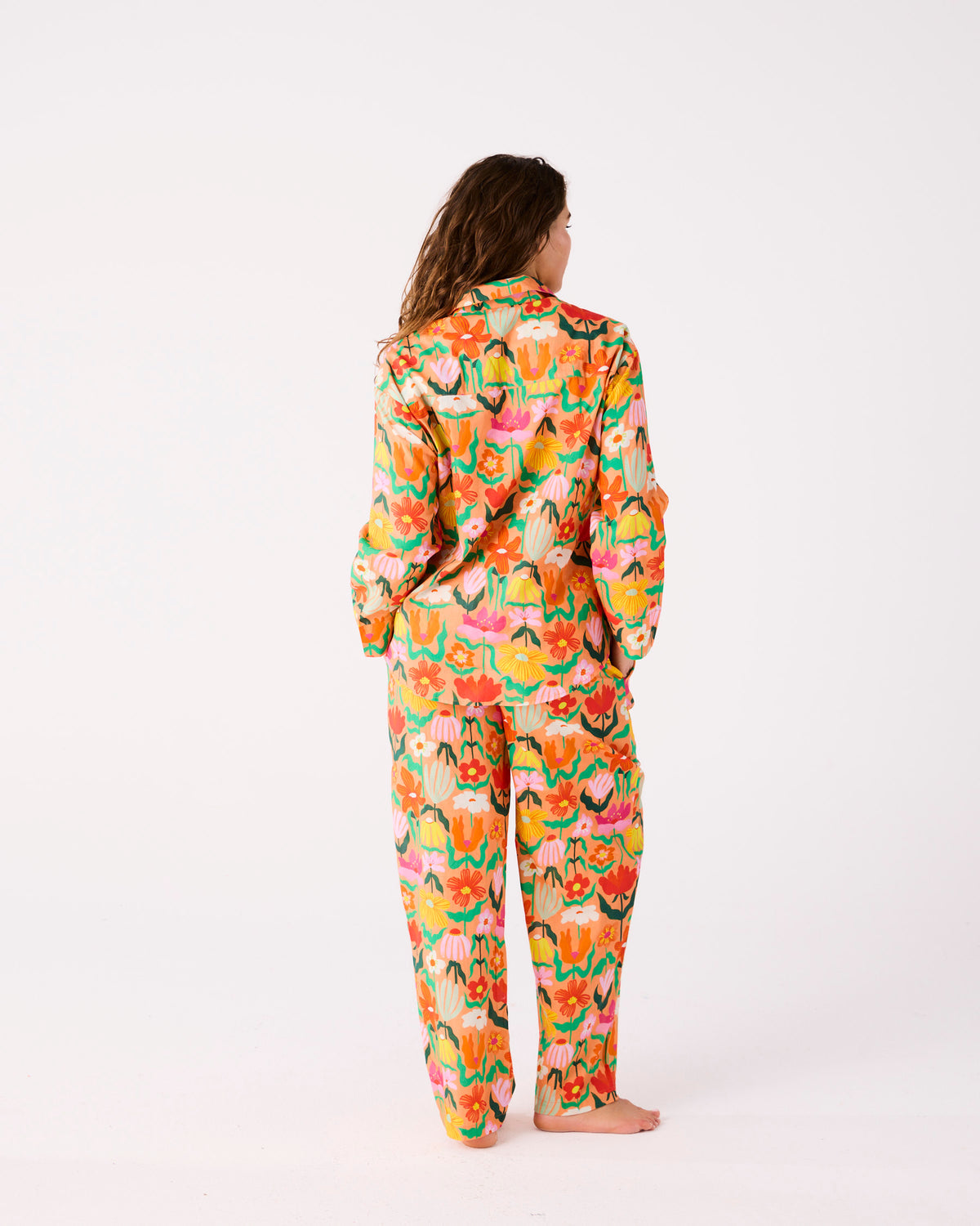 Popping Flowers Peach Adult Organic Cotton Long Sleeve Shirt & Pant Pyjama Set