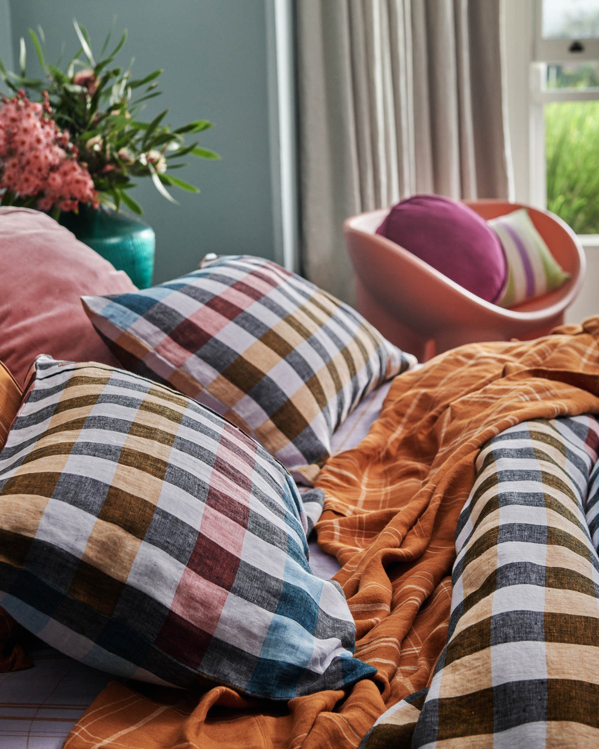 Santa Monica Pecan Tartan Linen Flat Sheet KING - Kip&Co