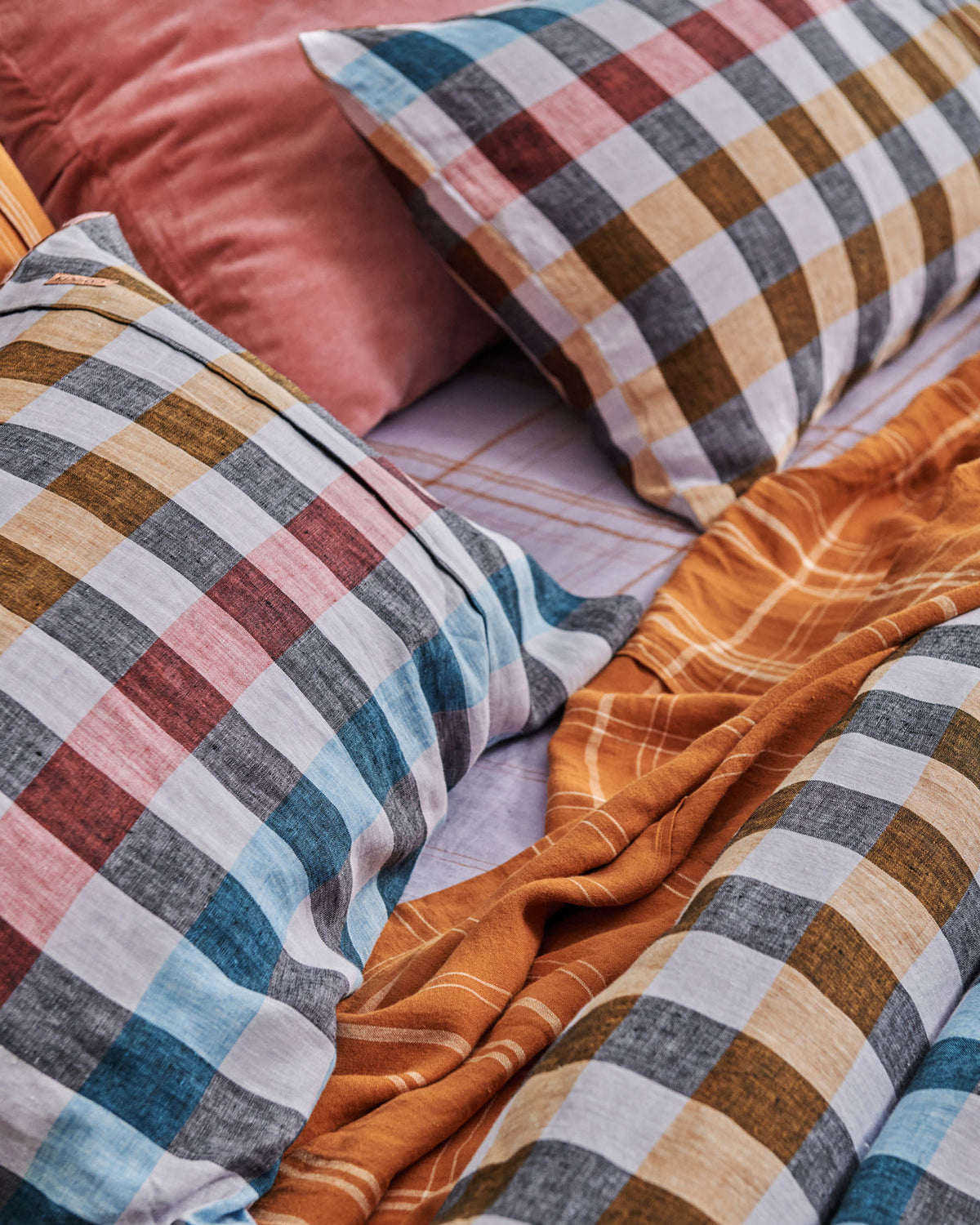 Santa Monica Pecan Tartan Linen Flat Sheet KING - Kip&Co