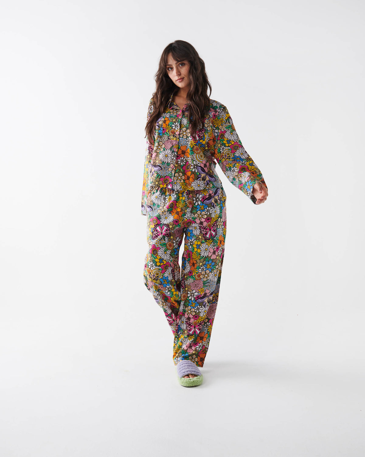 Bliss Floral Organic Cotton Long Sleeve Shirt & Pant Pyjama Set - Kip&Co