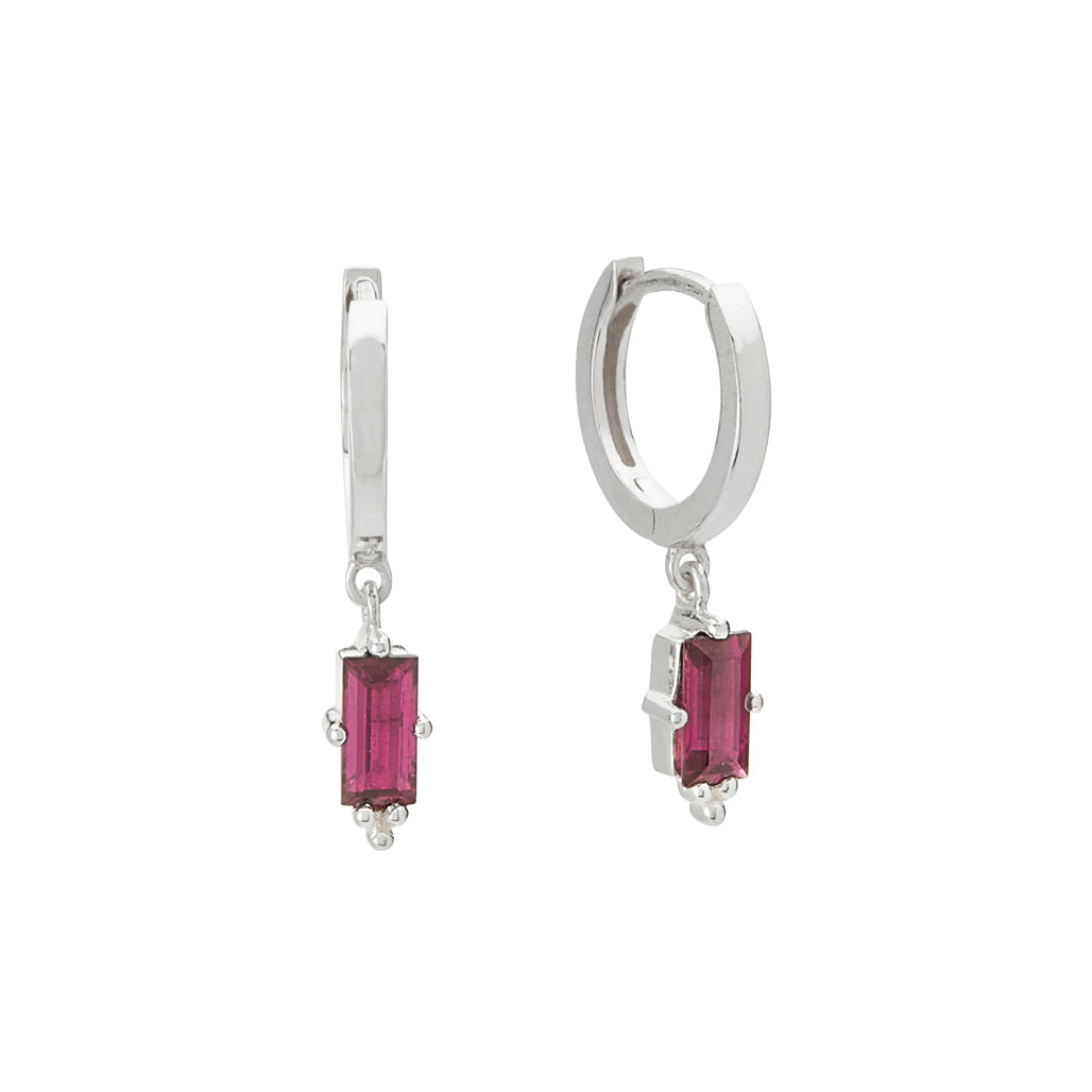 Huggies with Hanging Pink Rhodolite Baguette (single)- Murkani