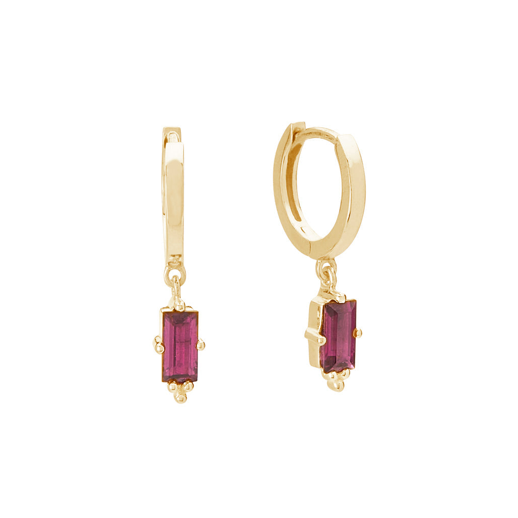 Huggies with Hanging Pink Rhodolite Baguette (single)- Murkani