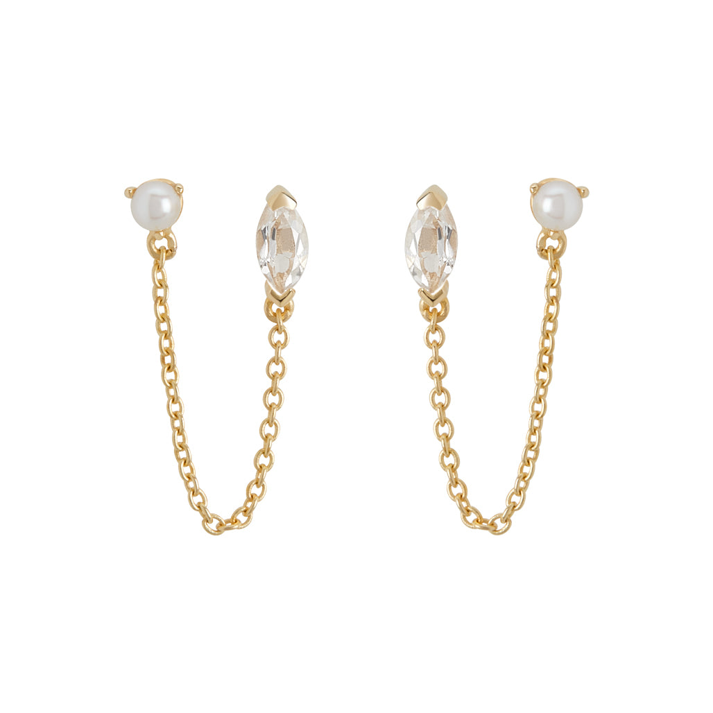 White Topaz Marquise Stone W/Pearl & Chain Yellow Gold - Murkani