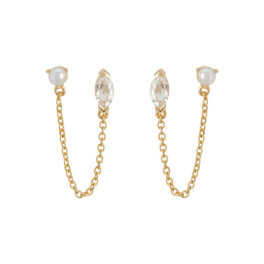 White Topaz Marquise Stone W/Pearl & Chain Yellow Gold - Murkani