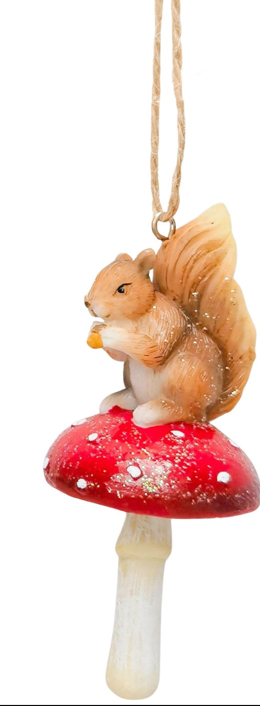 Bird & Squirrel on Toadstool Resin Hanging Decoration