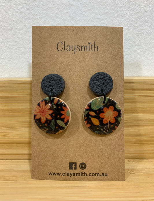 Black Floral Circle Earrings - Claysmith