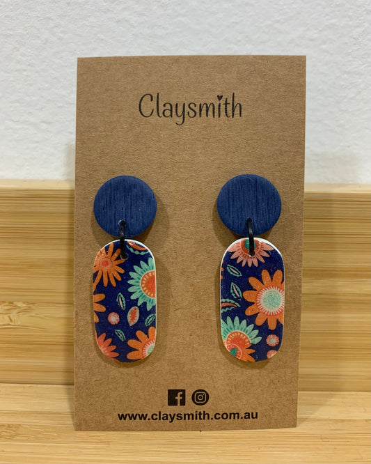 Blue Floral Oval Earrings - Claysmith