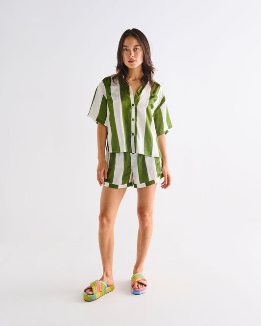 Moss Stripe Adult Eco Satin Short Sleeve Shirt & Short Pyjama
