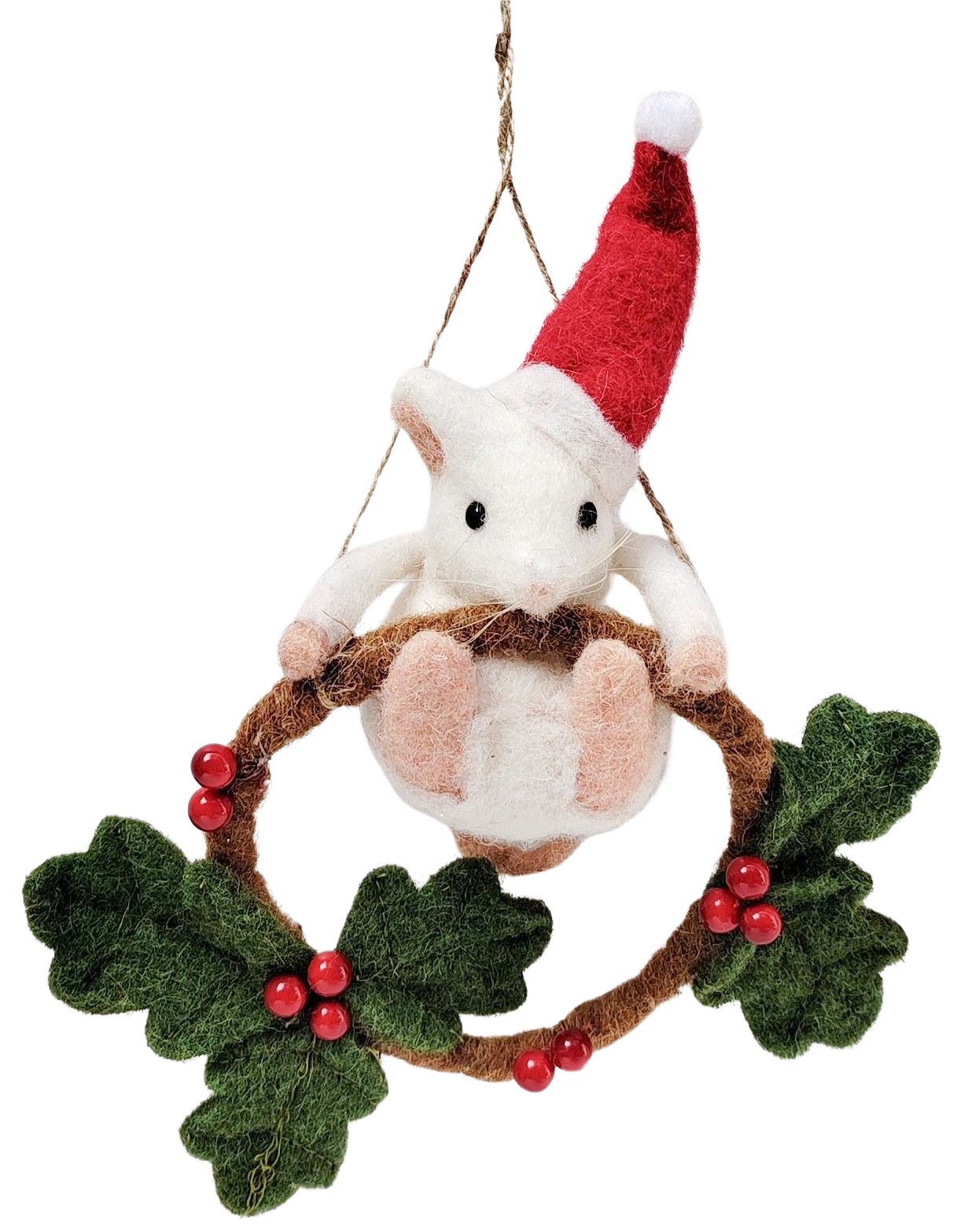 Snowy Christmas Mouse Swinging on a Wreath Hanging Decoration