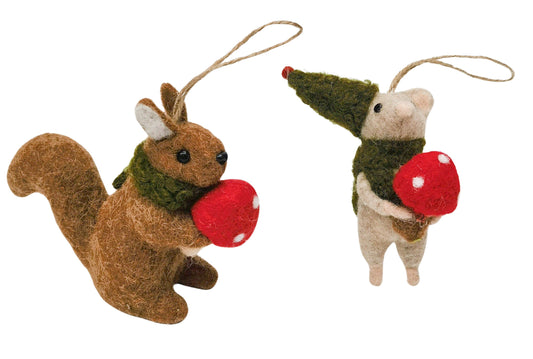 Mouse & Squirrel Holding Toadstool Hanging Decoration