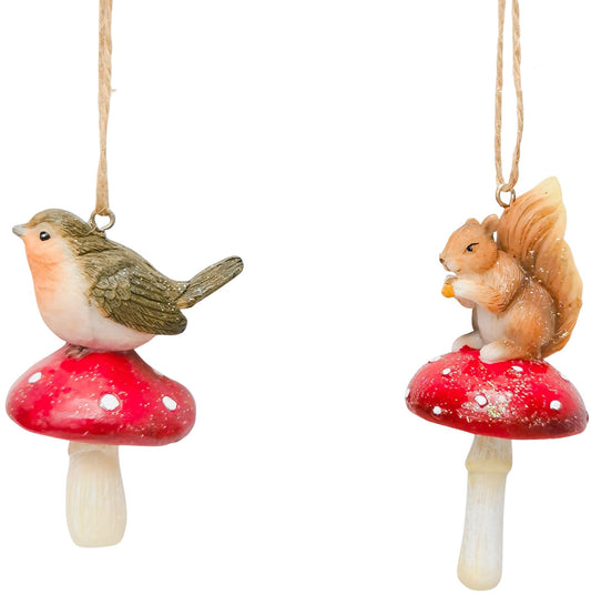 Bird & Squirrel on Toadstool Resin Hanging Decoration