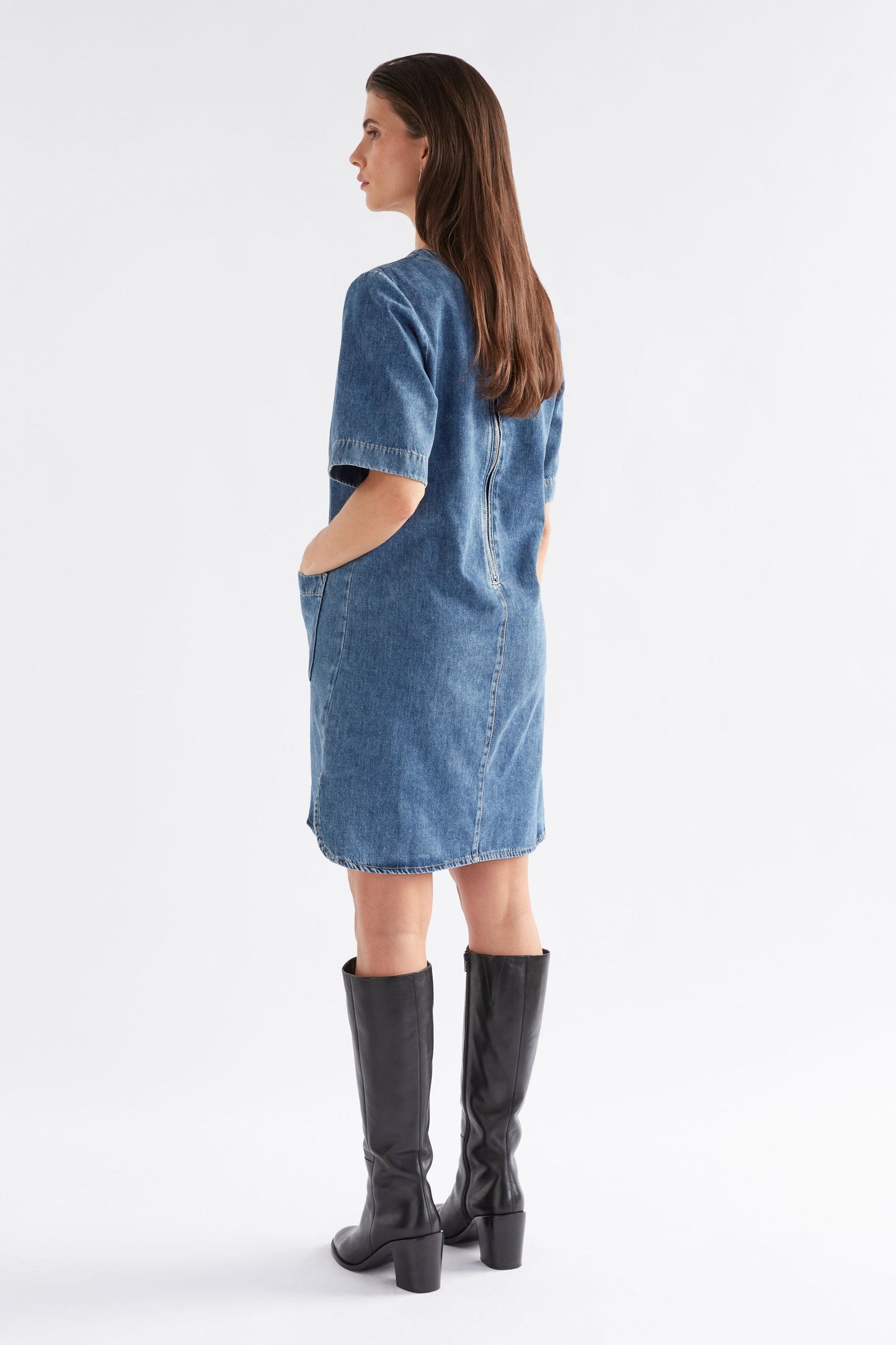 elk rittra denim dress Ecote Ayanna Drop Waist Denim Maxi Dress
