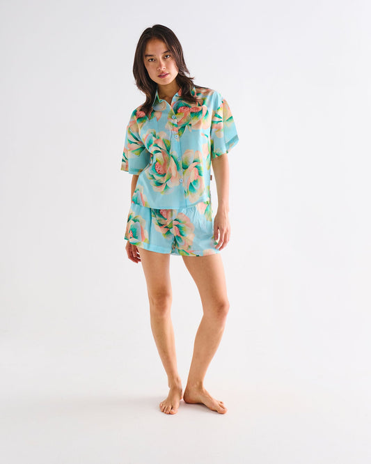 Big Beauty Floral Blue Adult Organic Cotton Short Sleeve Shirt & Short Pyjama Set