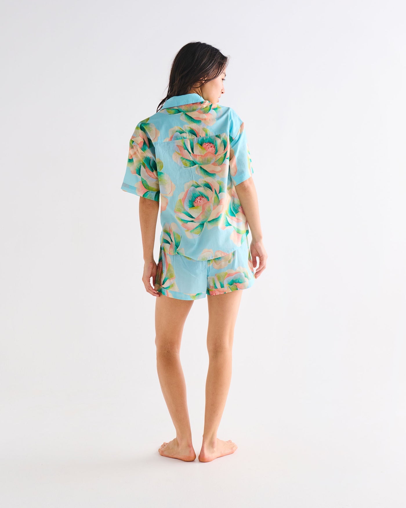 Big Beauty Floral Blue Adult Organic Cotton Short Sleeve Shirt & Short Pyjama Set