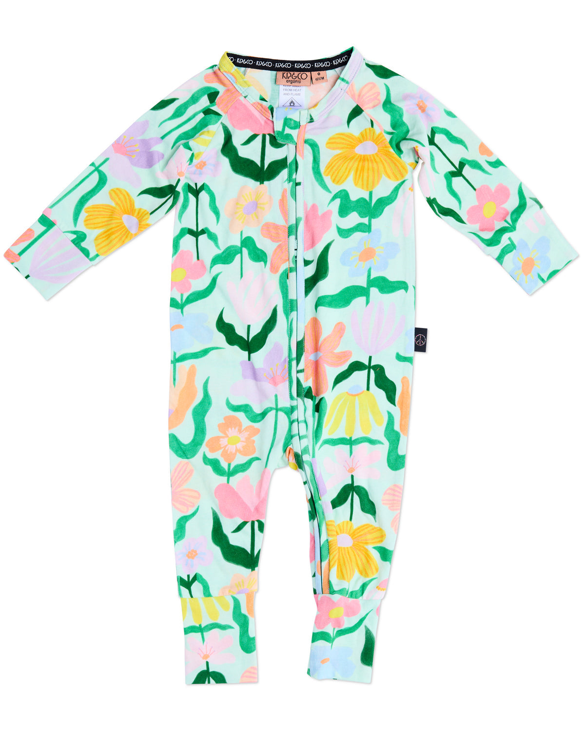 Popping Flowers Green Organic Long Sleeve Romper
