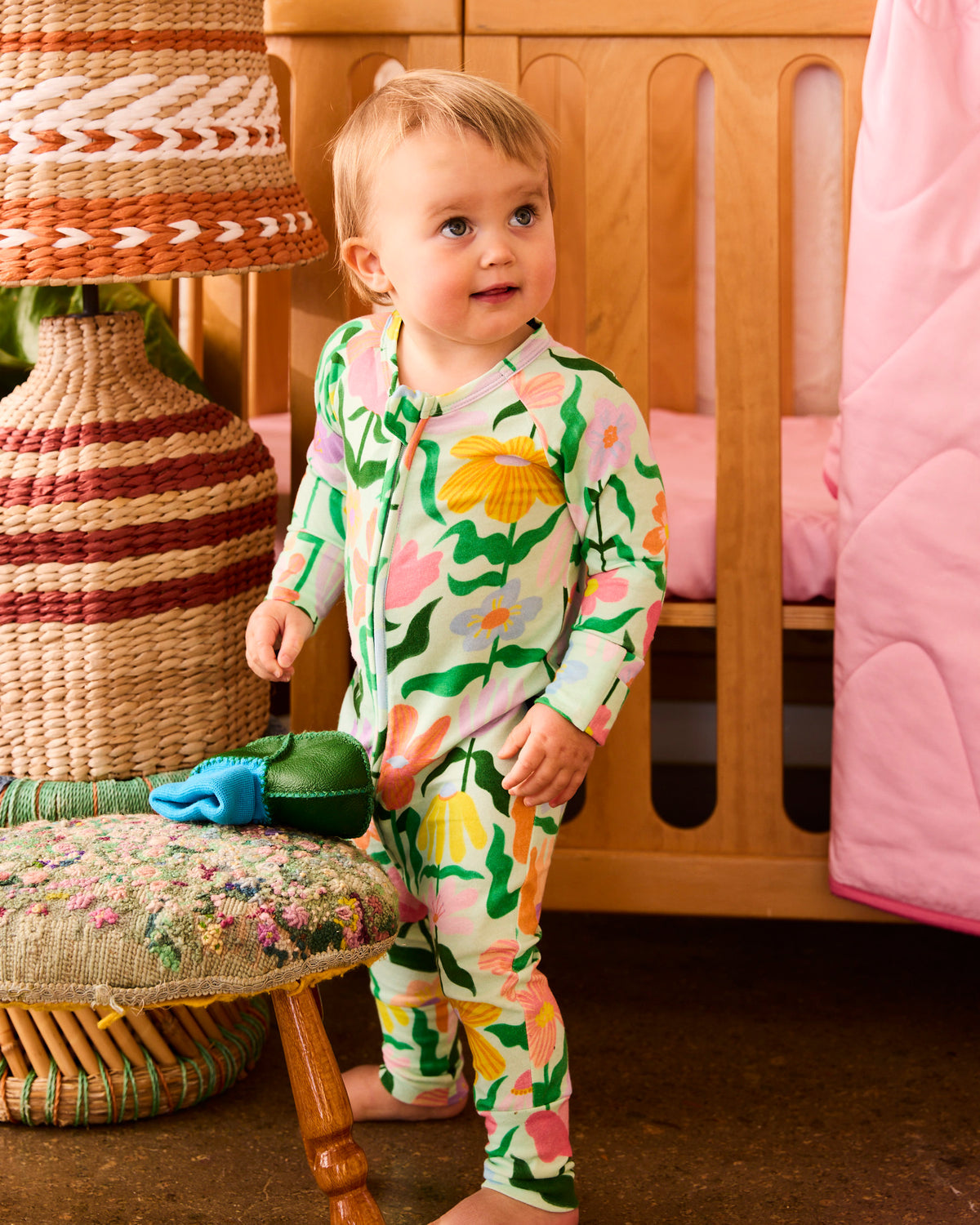 Popping Flowers Green Organic Long Sleeve Romper