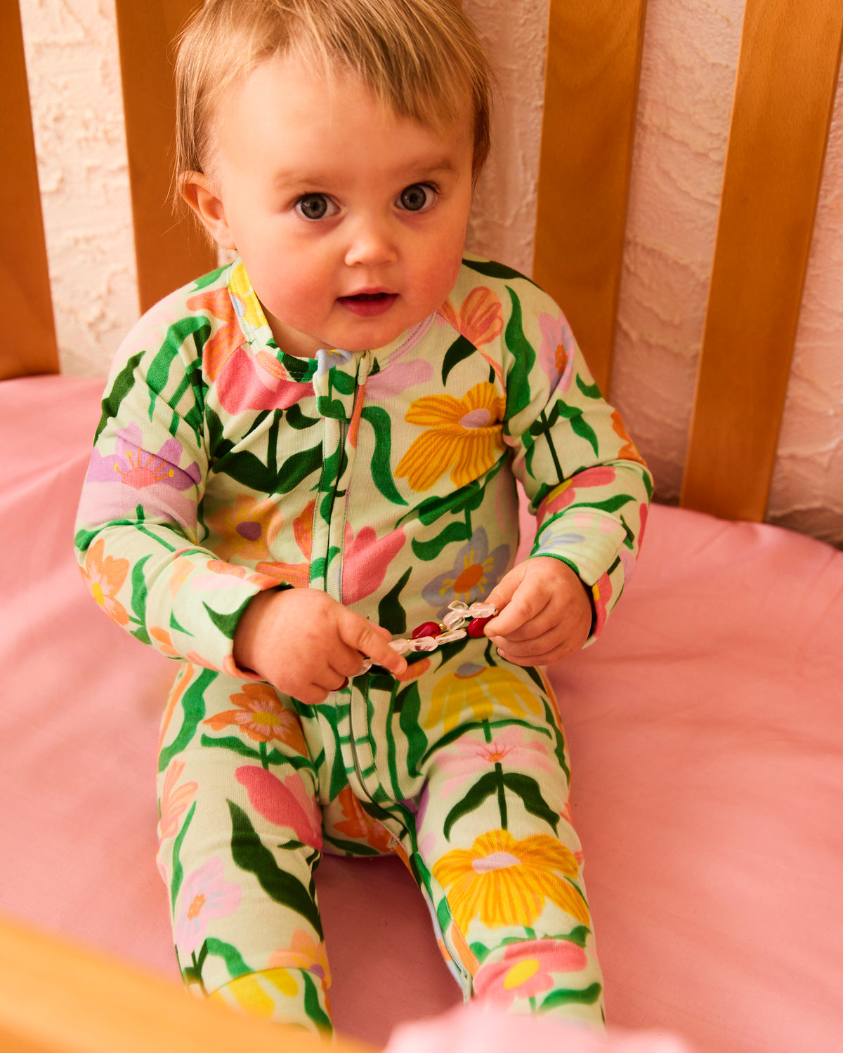 Popping Flowers Green Organic Long Sleeve Romper