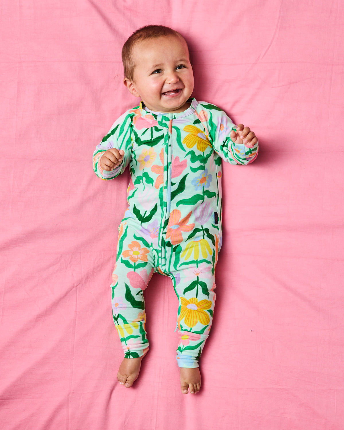 Popping Flowers Green Organic Long Sleeve Romper