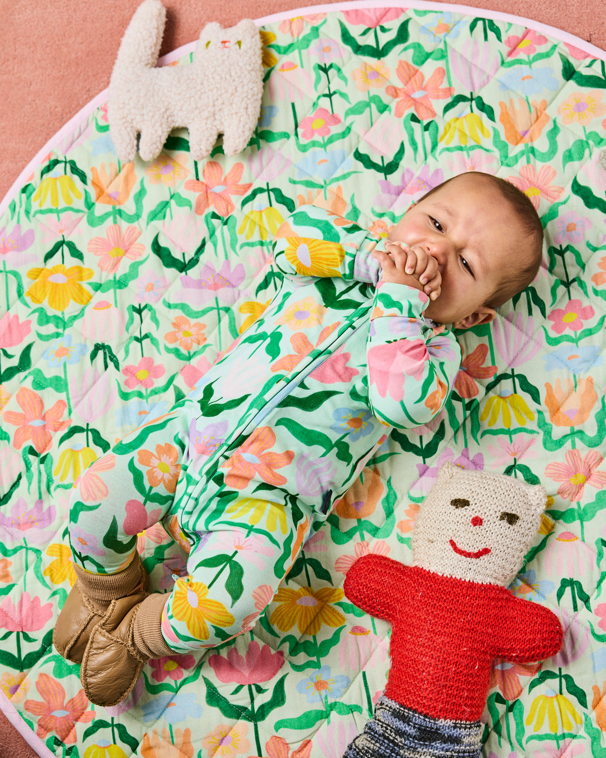 Popping Flowers Green Organic Long Sleeve Romper