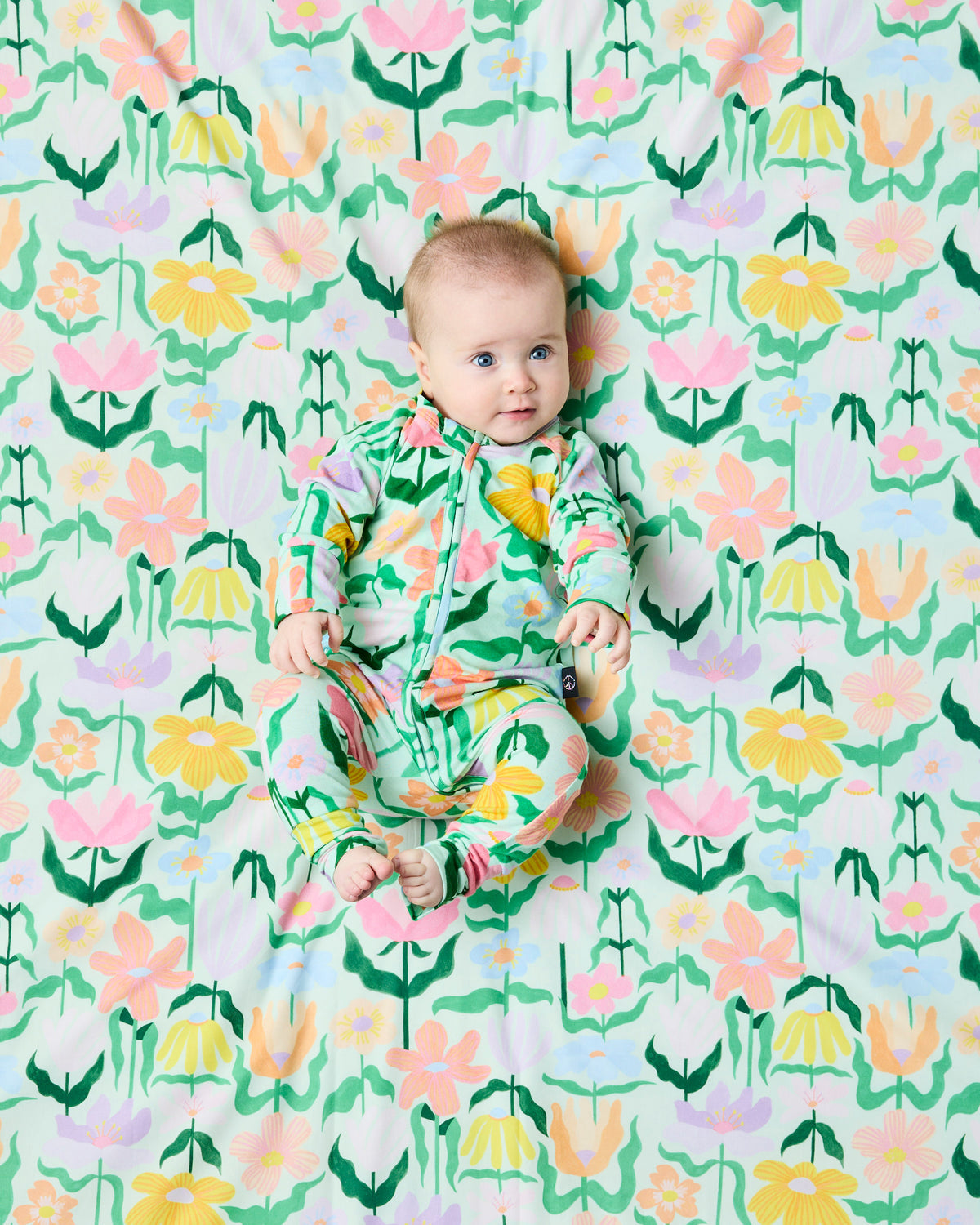 Popping Flowers Green Organic Long Sleeve Romper