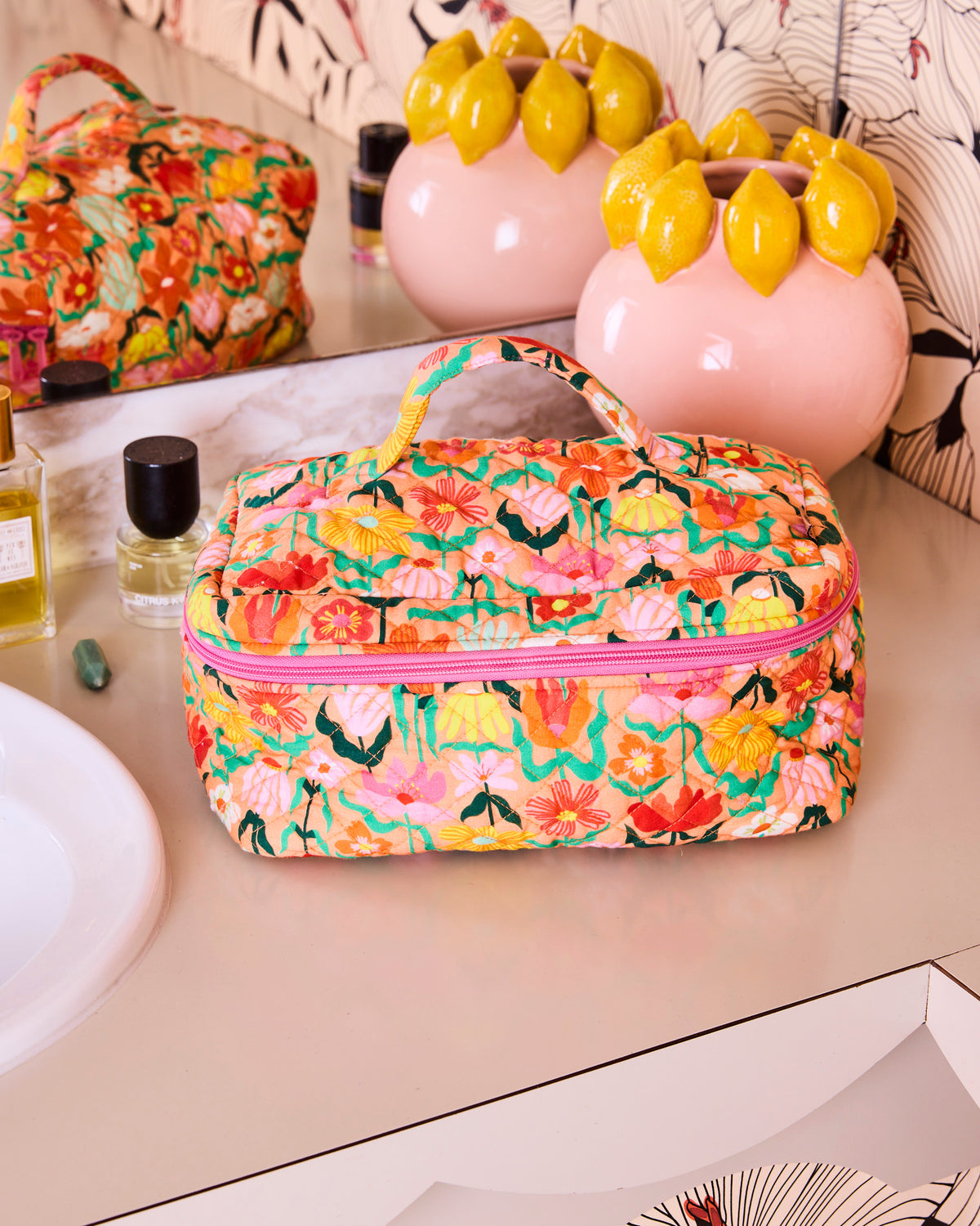 Popping Flowers Peach Quilted Toiletry Case