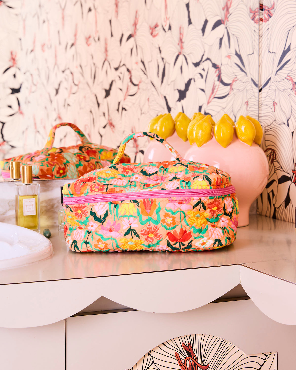 Popping Flowers Peach Quilted Toiletry Case