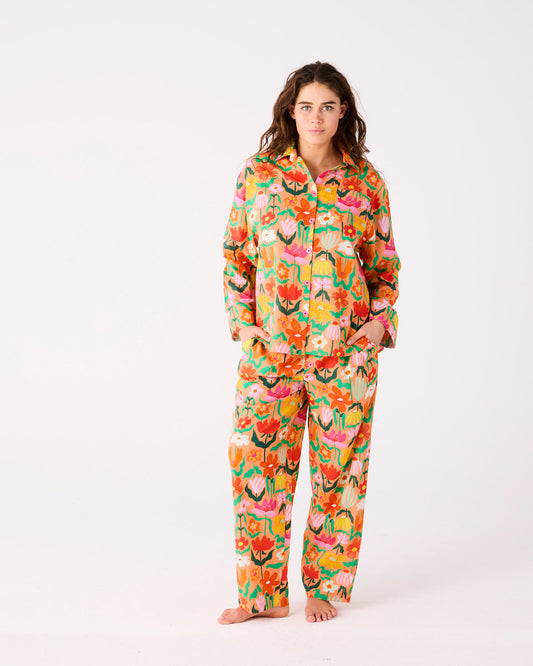 Popping Flowers Peach Adult Organic Cotton Long Sleeve Shirt & Pant Pyjama Set