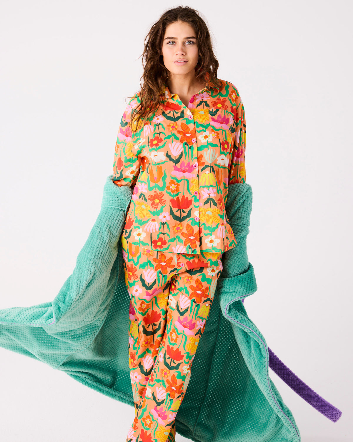 Popping Flowers Peach Adult Organic Cotton Long Sleeve Shirt & Pant Pyjama Set