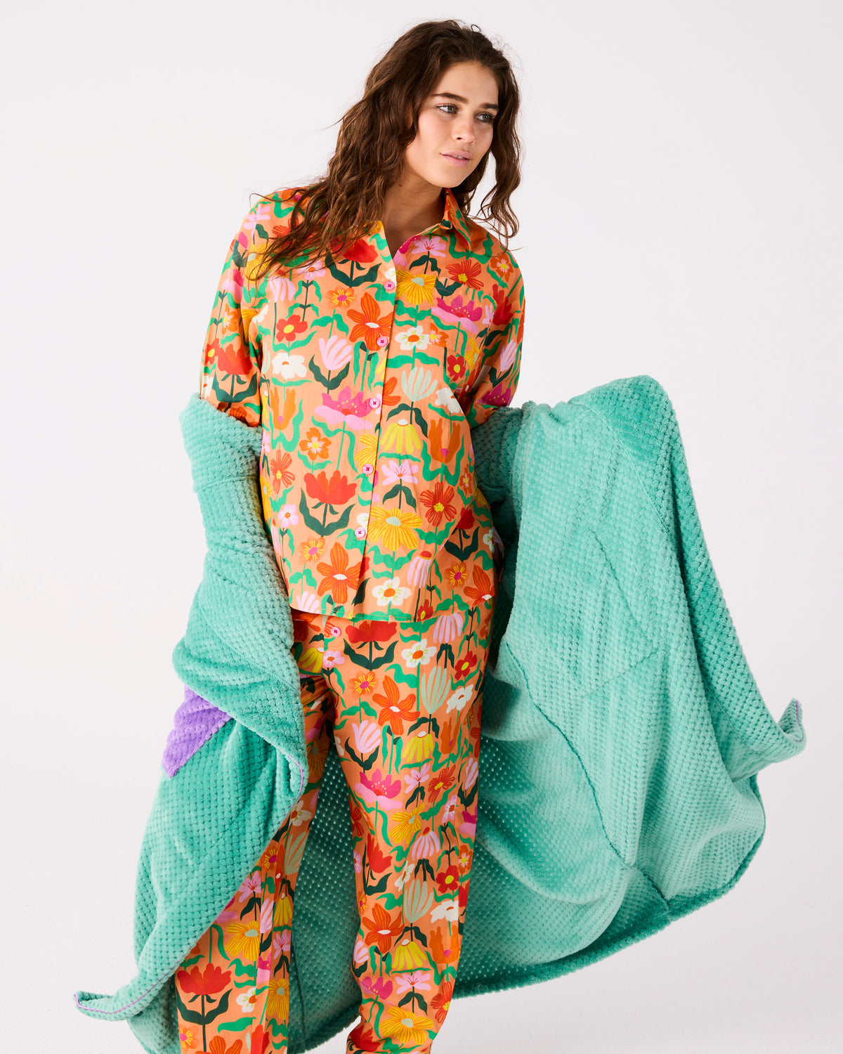 Popping Flowers Peach Adult Organic Cotton Long Sleeve Shirt & Pant Pyjama Set