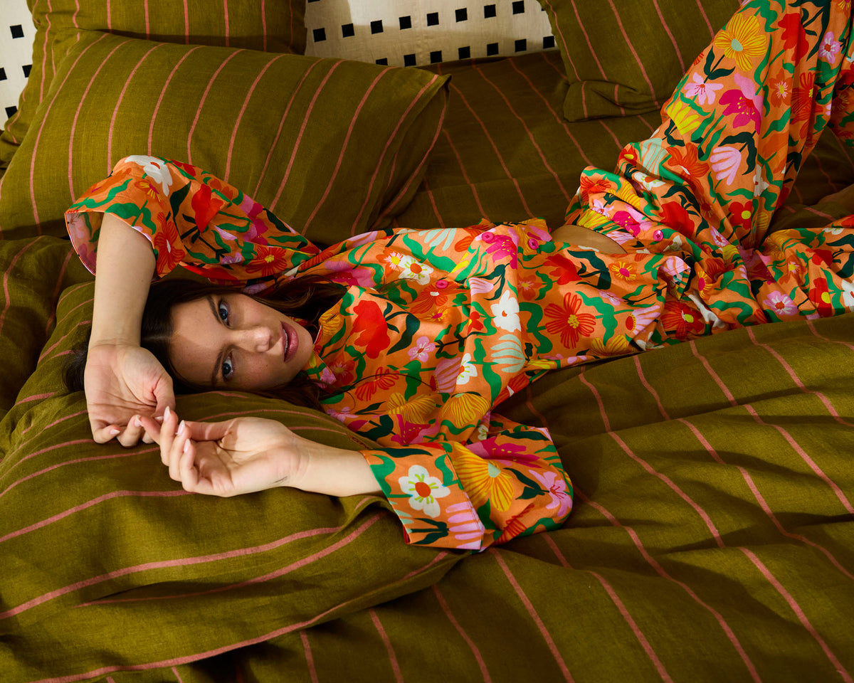 Popping Flowers Peach Adult Organic Cotton Long Sleeve Shirt & Pant Pyjama Set