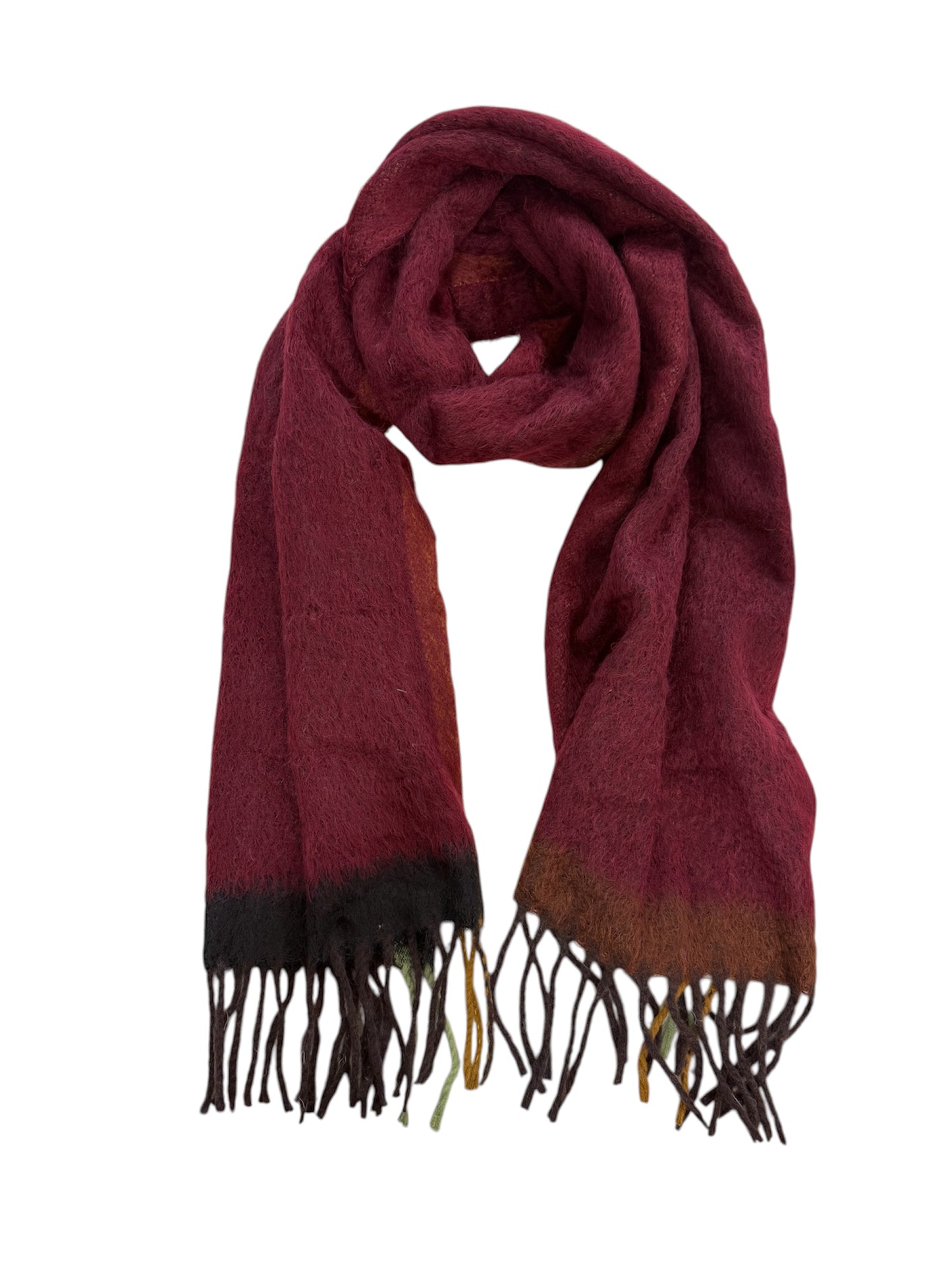Wine With Autumn Tone Border and Tassels Scarf (Copy)
